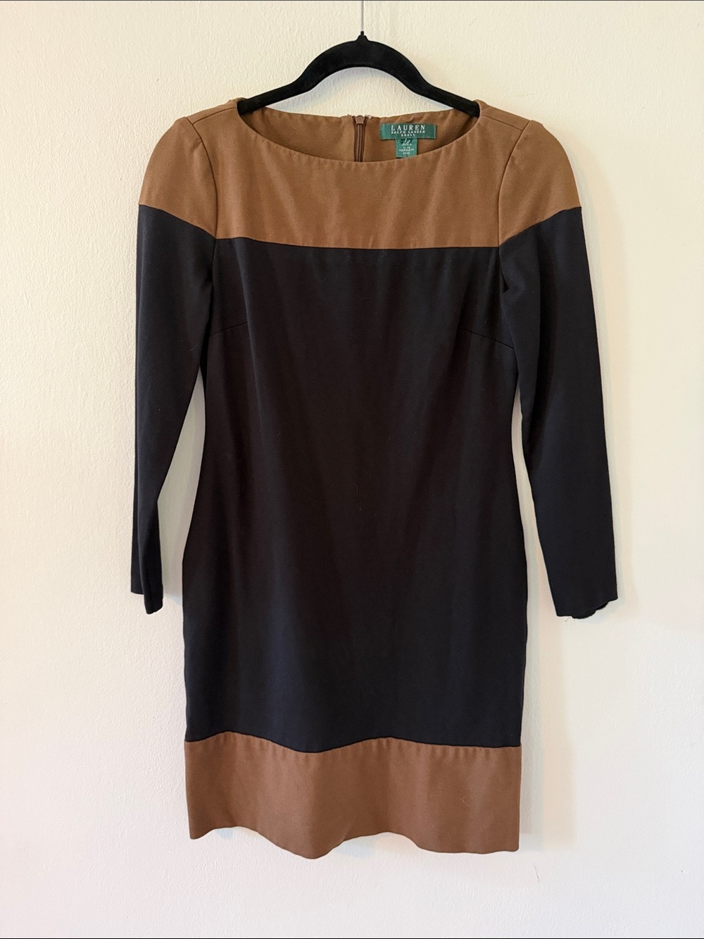 Ralph Lauren Black and Brown Colorblock Long Sleeve Sheath Dress